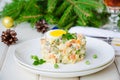 Russian traditional salad Olivier with vegetables and meat for New Year and Christmas. Royalty Free Stock Photo