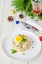 Russian traditional salad Olivier with vegetables and meat for New Year and Christmas. Royalty Free Stock Photo