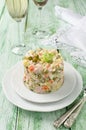 Russian traditional salad Olivier with vegetables and meat Royalty Free Stock Photo