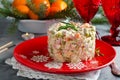 Russian traditional salad Olivier with vegetables and meat Royalty Free Stock Photo