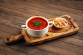 Russian traditional soup solyanka with croutons Royalty Free Stock Photo