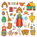 Russian traditional symbols doodle colrful icons vector set