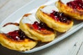 Russian traditional syrniki cottage cheese pancakes breakfast on the plate. Russian cheesecakes with raisins on a white plate. Che Royalty Free Stock Photo