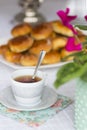 Russian traditional teaparty with samovar and pies or pirozhki with apple jam