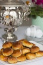 Russian traditional teaparty with samovar and pies or pirozhki with apple jam Royalty Free Stock Photo