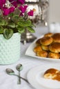 Russian traditional teaparty with samovar and pies or pirozhki with apple jam Royalty Free Stock Photo