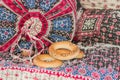 Russian traditional treats - bagels on colorful tablecloth. National still life