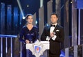 Russian TV presenter, finalist of the contest `Miss universe 2008` Vera Krasova and singer Evgeny Kungurov at the ceremony winners