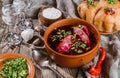 Russian and ukrainian borscht or beet soup with sour cream, buns, garlic on a wooden rustic background with vodka. Close up Royalty Free Stock Photo