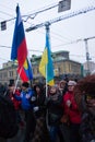 Russian and Ukrainian flags together for the funeral March of the opposition to the memory of Boris Nemtsov Royalty Free Stock Photo