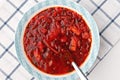 Russian and ukrainian national food - red beet soup, borscht .