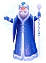 Russian or ukrainian santa claus grandfather frost in blue coat stand with ice staff