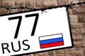 Russian Vehicle registration license plate, registration mark with 77 automobile code of regions of Russia Moscow and flag of