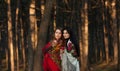 Russian village girls in headscarves in a forest Royalty Free Stock Photo