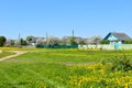 Russian village in summer. a field with flowers in front of deserted houses. natural rural idyll Royalty Free Stock Photo