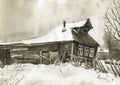 Russian village winter landscape hand drawing grisaille watercolor