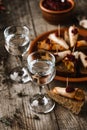 Russian vodka alcoholic drink with spicy lard, rye bread, horseradish, spices on rustic wooden background. Appetizer, close up