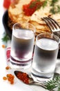 Russian vodka with pancakes and red caviar Royalty Free Stock Photo