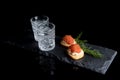 Russian Vodka, two shots of vodka with Caviar and Dark beard on black background,