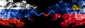 Russian vs Liechtenstein, Liechtensteins smoke flags placed side by side. Thick colored silky smoke flags of Russia and