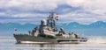 Russian warship going along the coast of Kamchatka Royalty Free Stock Photo