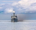 Russian warship going along the coast Royalty Free Stock Photo