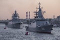 Russian warships in the waters of the Neva in July twilight