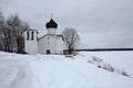 Russian winter. Church of Saint Elijah the Prophet at the Vybuty Pogost near Pskov, Russia