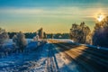 Russian winter forest road in snow Royalty Free Stock Photo