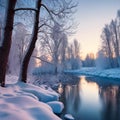 Russian Winter Magic: Panoramic Twilight over the Frozen River and Forest Royalty Free Stock Photo