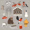 Russian winter, vector set. bullfinch, rowan, valenki, ushanka hat, snowman, samovar, varenye, birch, cup of tea, bear and country