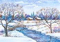 Russian winter village landscape with river and wooden bridge Royalty Free Stock Photo