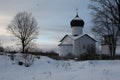 Russian winter. Vybuty Pogost near Pskov, Russia. Royalty Free Stock Photo