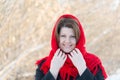 Russian woman with red knitted shawl on her head Royalty Free Stock Photo