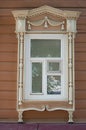 Russian wooden window in Tomsk, Russia. Old house. Historic building. Royalty Free Stock Photo