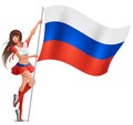 Russian young beautiful woman holding flag. Fan supports soccer team