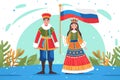 Russians in national dress with a flag. Man and woman in traditional costume. Travel to Russia. People. Vector flat illustration