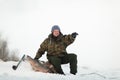 Russin Spearfishing with speargun shot a big fish under the ice