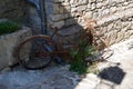 Rust abandoned old bicycle in vintage street rusty bike in outdoor alley city Royalty Free Stock Photo