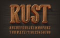 Rust alphabet font. 3d damaged metal letters and numbers. Dark wood background.