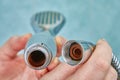 Rust inside old shower head and on hose Royalty Free Stock Photo