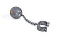 Rust iron ball and chain with a open cuff hanging on white background. Restrictions and limits. Royalty Free Stock Photo