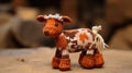 Rust Knitted Cow Toy With Rustic Scenes And Iterative Patterns