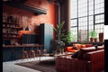Rust Modern living room with high ceiling, sofa, empty brown brick wall, concrete floor, kitchen Royalty Free Stock Photo