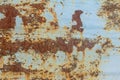 Rust.Old blue painted wall with rust spots.Textured rusty metal background. Rust stains through the cracked blue paint Royalty Free Stock Photo