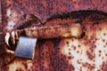 Rust old lock on red grungy background, textplace. Royalty Free Stock Photo