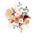 Rust orange, beige, white rose, burgundy anthurium flower, eucalyptus, pampas grass