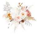 Rust orange and blush pink antique rose, beige and pale flowers, creamy peony, ranunculus