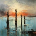 Rust Post-impressionism Seascape Abstract: Seaside - Four Trees At Sunset