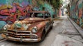 A rusted abandoned car sits on a deserted street with colorful murals and street art surrounding it representing the